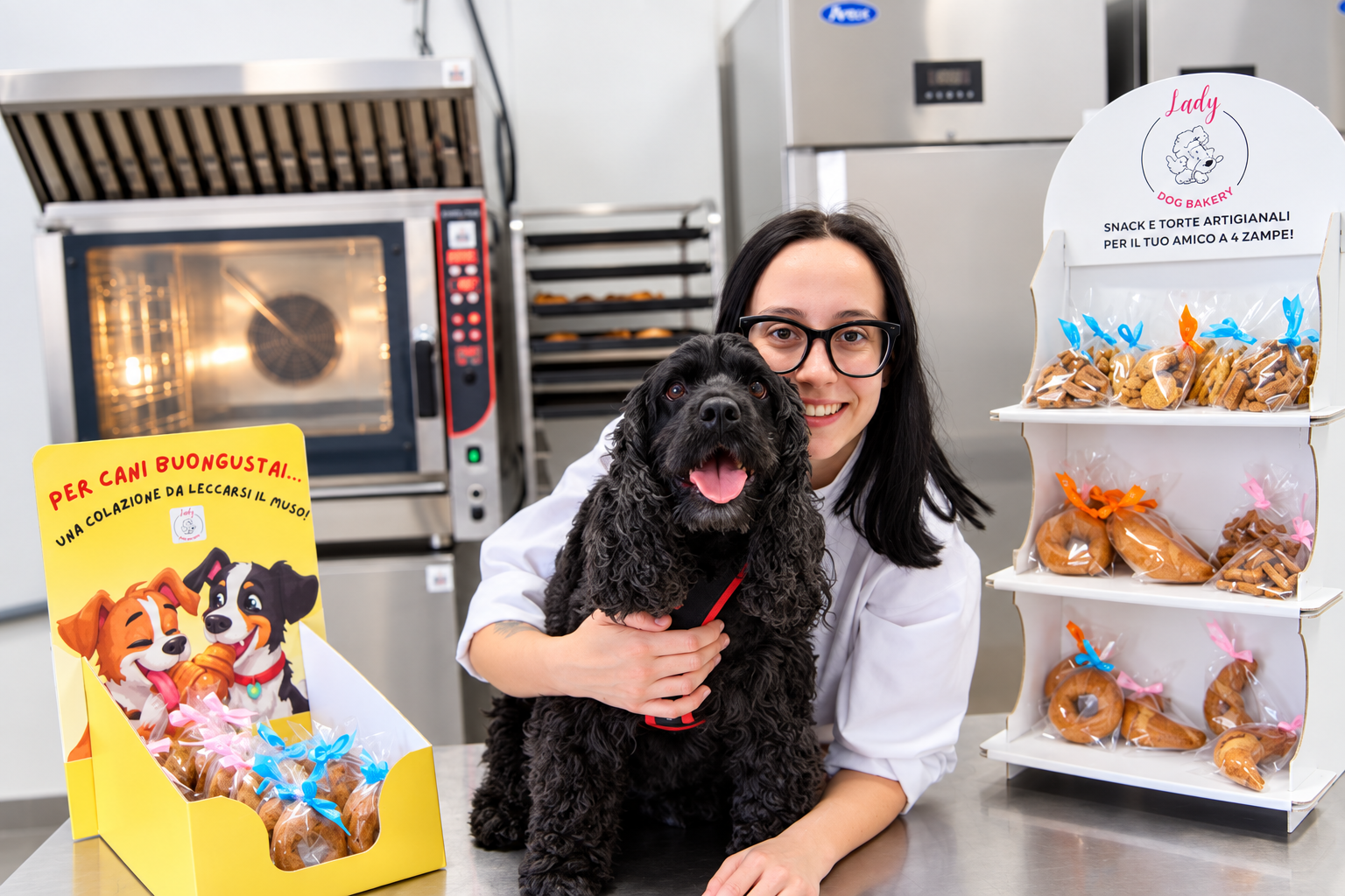 Michelle di Lady Dog Bakery insieme a un cane